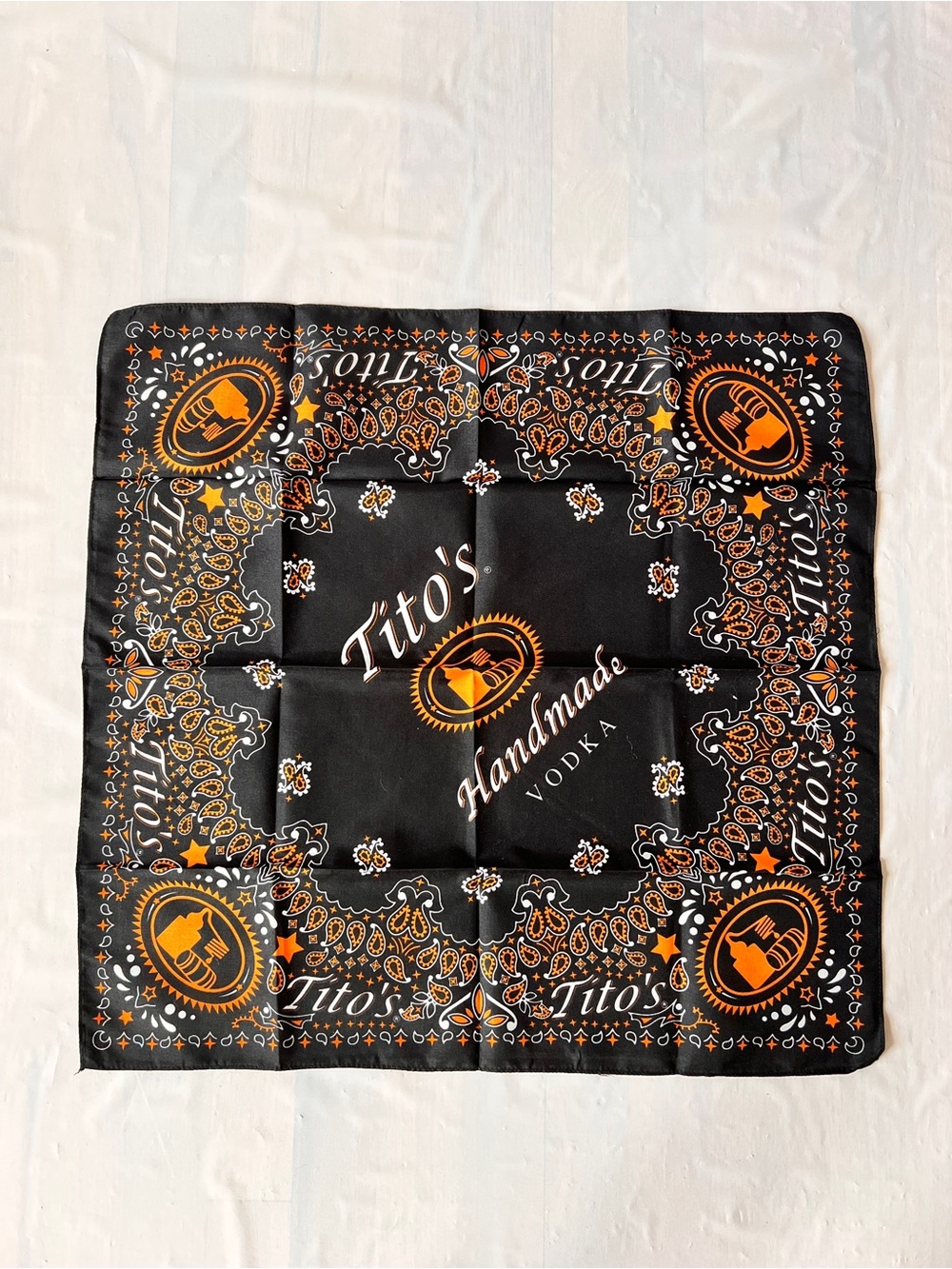 Tito's Handmade Vodka bandana black orange white paisley Cotton 21"x21" nWOT